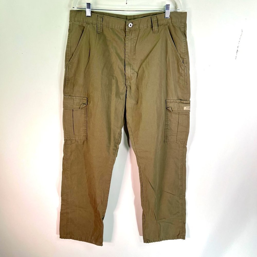 Men's Wrangler Olive Ripstop FLEX Cargo Pants Relaxed Fit Tech Pocket Size 36-32